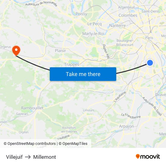 Villejuif to Millemont map