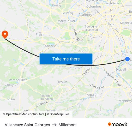 Villeneuve-Saint-Georges to Millemont map