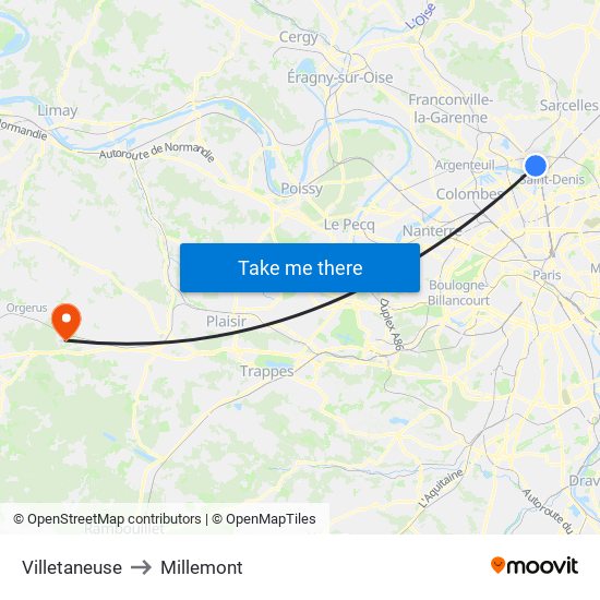 Villetaneuse to Millemont map