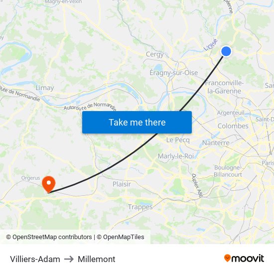 Villiers-Adam to Millemont map