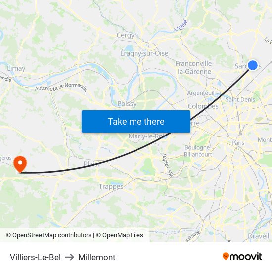 Villiers-Le-Bel to Millemont map