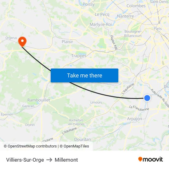 Villiers-Sur-Orge to Millemont map