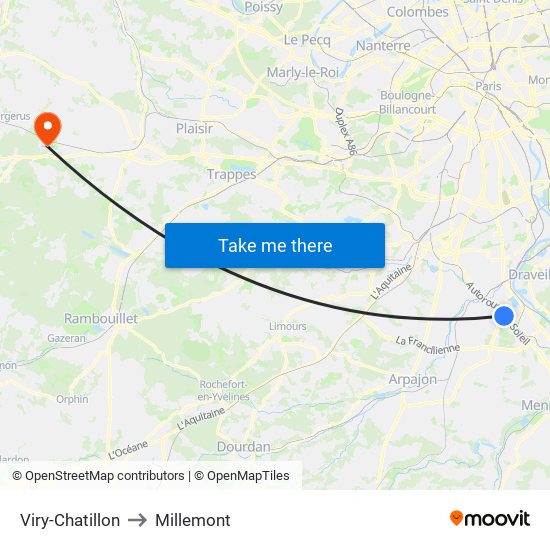 Viry-Chatillon to Millemont map