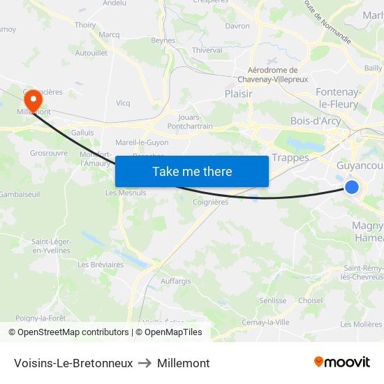 Voisins-Le-Bretonneux to Millemont map