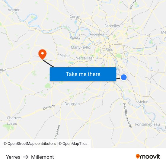 Yerres to Millemont map