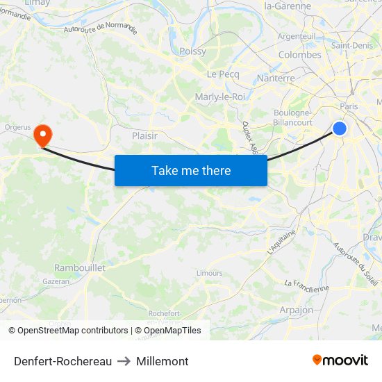Denfert-Rochereau to Millemont map
