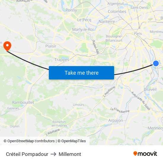 Créteil Pompadour to Millemont map