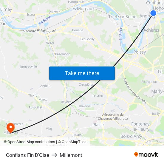 Conflans Fin D'Oise to Millemont map