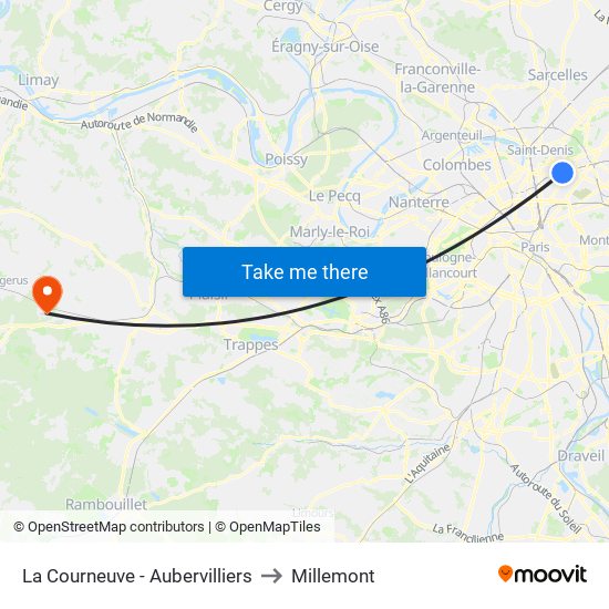 La Courneuve - Aubervilliers to Millemont map