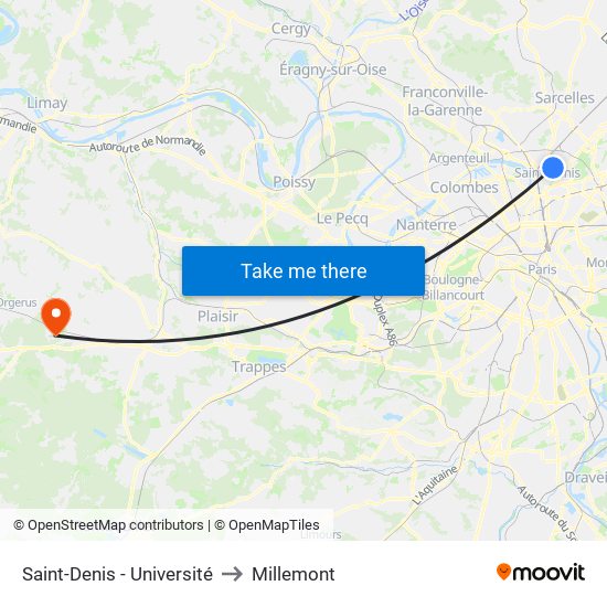 Saint-Denis - Université to Millemont map