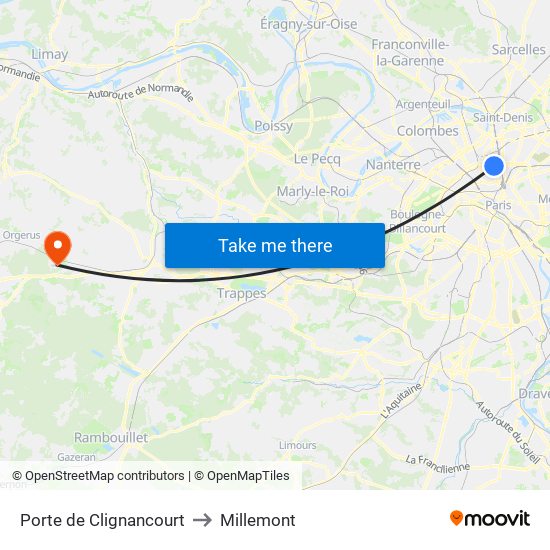 Porte de Clignancourt to Millemont map