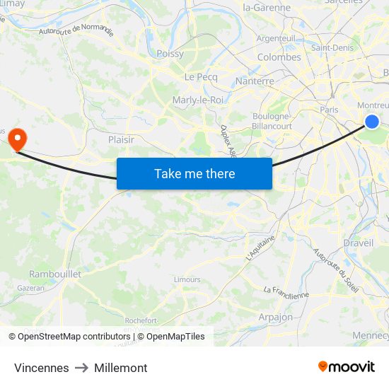 Vincennes to Millemont map
