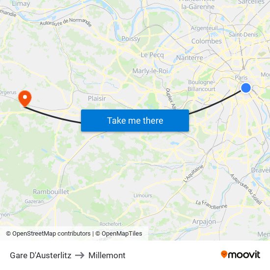 Gare D'Austerlitz to Millemont map