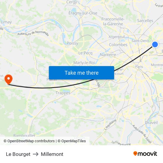 Le Bourget to Millemont map