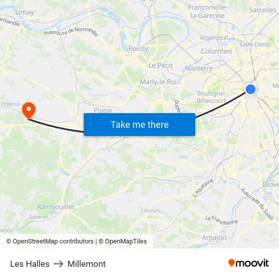 Les Halles to Millemont map