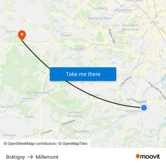 Brétigny to Millemont map