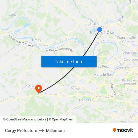 Cergy Préfecture to Millemont map