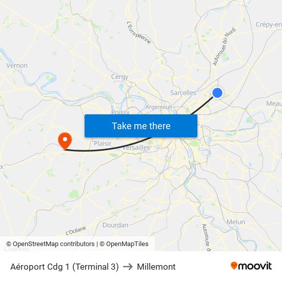 Aéroport Cdg 1 (Terminal 3) to Millemont map