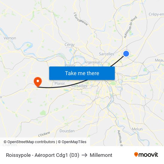 Roissypole - Aéroport Cdg1 (D3) to Millemont map