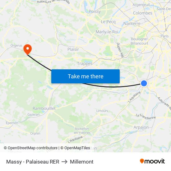 Massy - Palaiseau RER to Millemont map