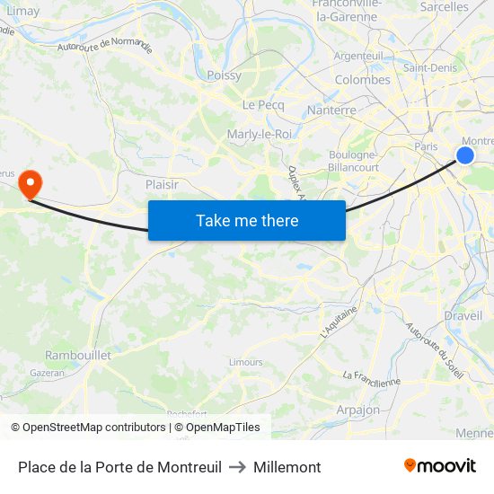 Place de la Porte de Montreuil to Millemont map