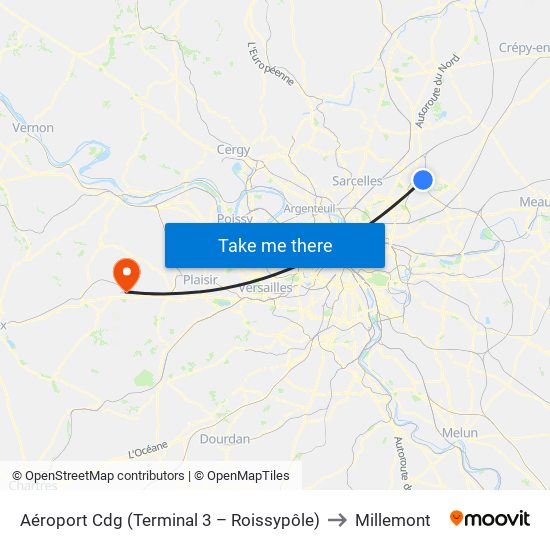 Aéroport Cdg (Terminal 3 – Roissypôle) to Millemont map