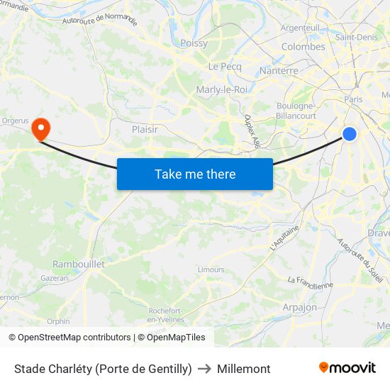 Stade Charléty (Porte de Gentilly) to Millemont map