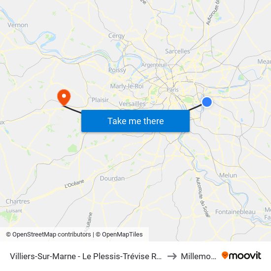 Villiers-Sur-Marne - Le Plessis-Trévise RER to Millemont map