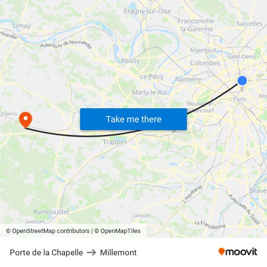 Porte de la Chapelle to Millemont map