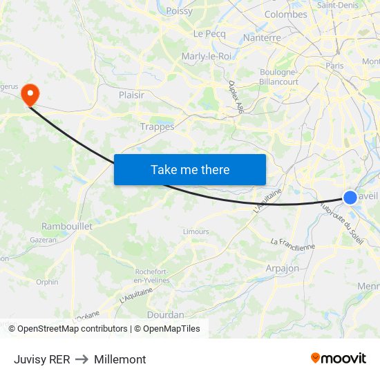 Juvisy RER to Millemont map