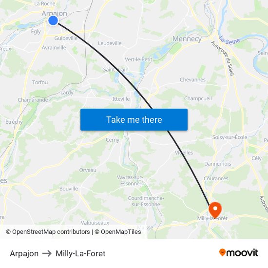 Arpajon to Milly-La-Foret map
