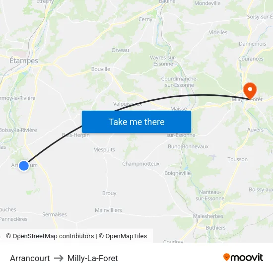 Arrancourt to Milly-La-Foret map