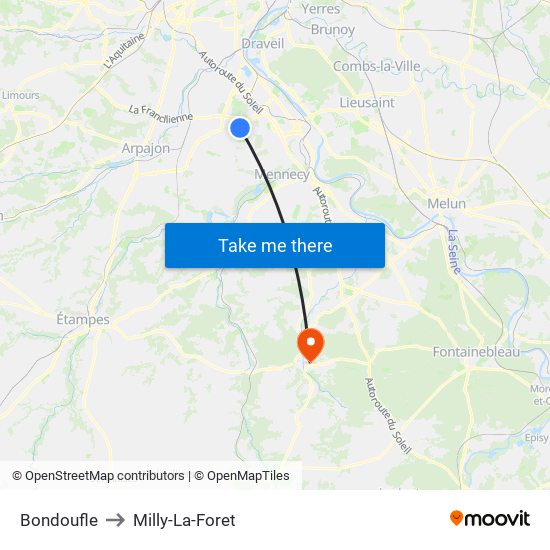Bondoufle to Milly-La-Foret map