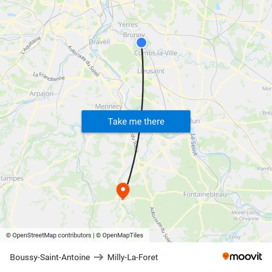 Boussy-Saint-Antoine to Milly-La-Foret map