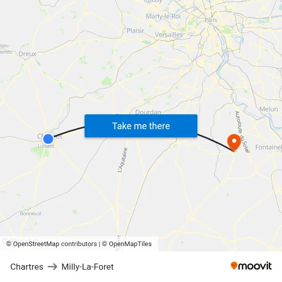 Chartres to Milly-La-Foret map