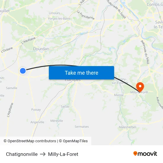 Chatignonville to Milly-La-Foret map