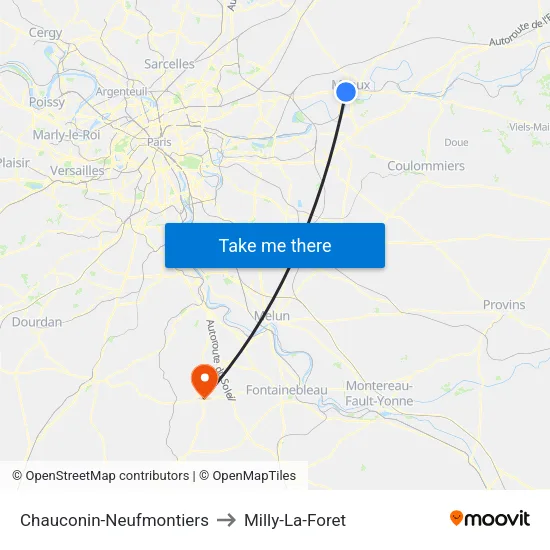 Chauconin-Neufmontiers to Milly-La-Foret map
