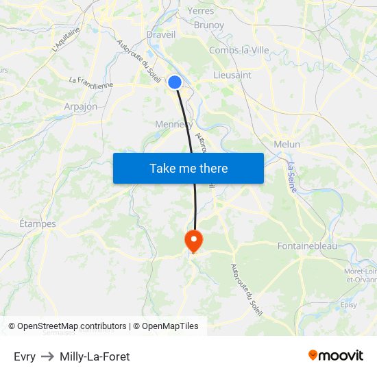 Evry to Milly-La-Foret map