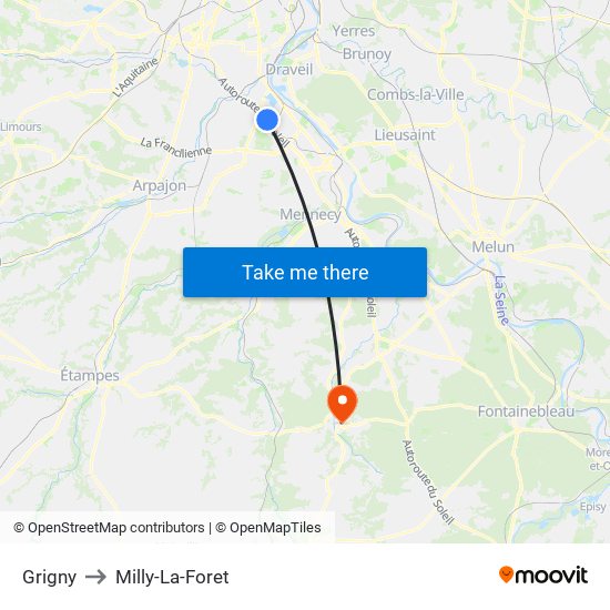 Grigny to Milly-La-Foret map