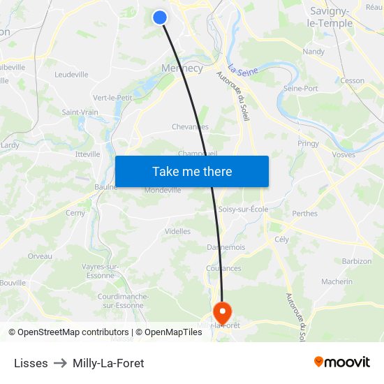 Lisses to Milly-La-Foret map