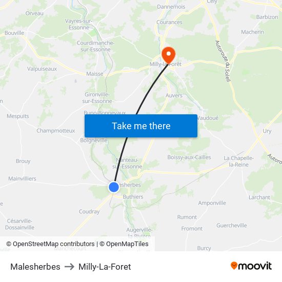Malesherbes to Milly-La-Foret map