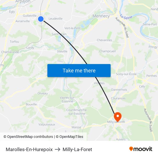 Marolles-En-Hurepoix to Milly-La-Foret map