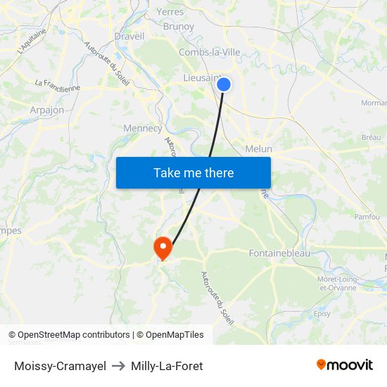 Moissy-Cramayel to Milly-La-Foret map