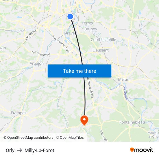 Orly to Milly-La-Foret map
