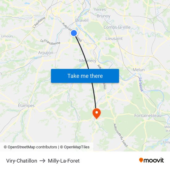 Viry-Chatillon to Milly-La-Foret map