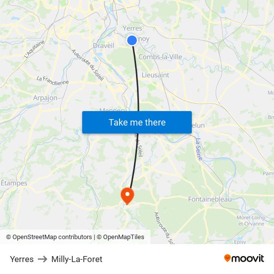 Yerres to Milly-La-Foret map