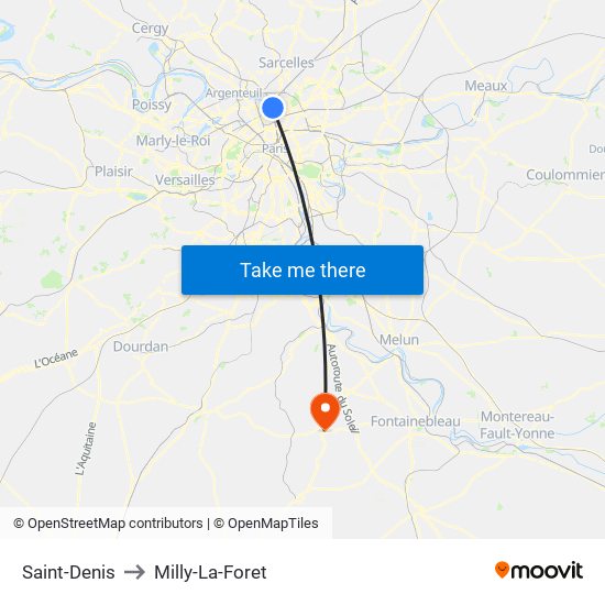 Saint-Denis to Milly-La-Foret map
