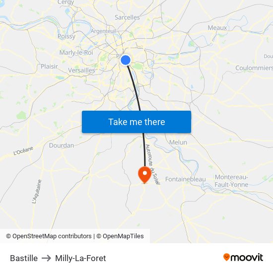Bastille to Milly-La-Foret map