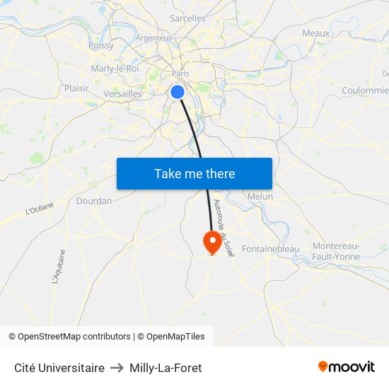 Cité Universitaire to Milly-La-Foret map