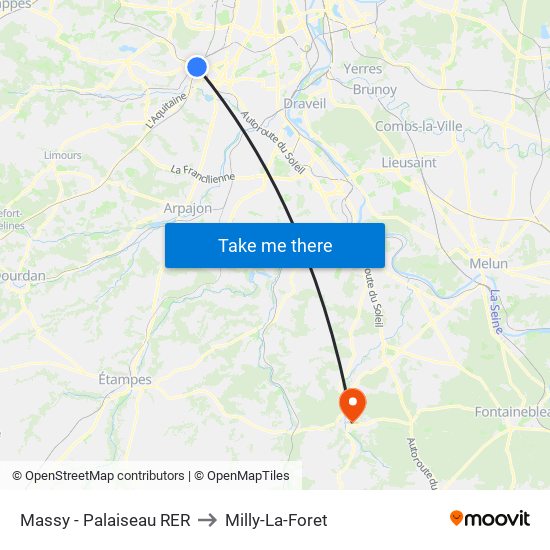 Massy - Palaiseau RER to Milly-La-Foret map